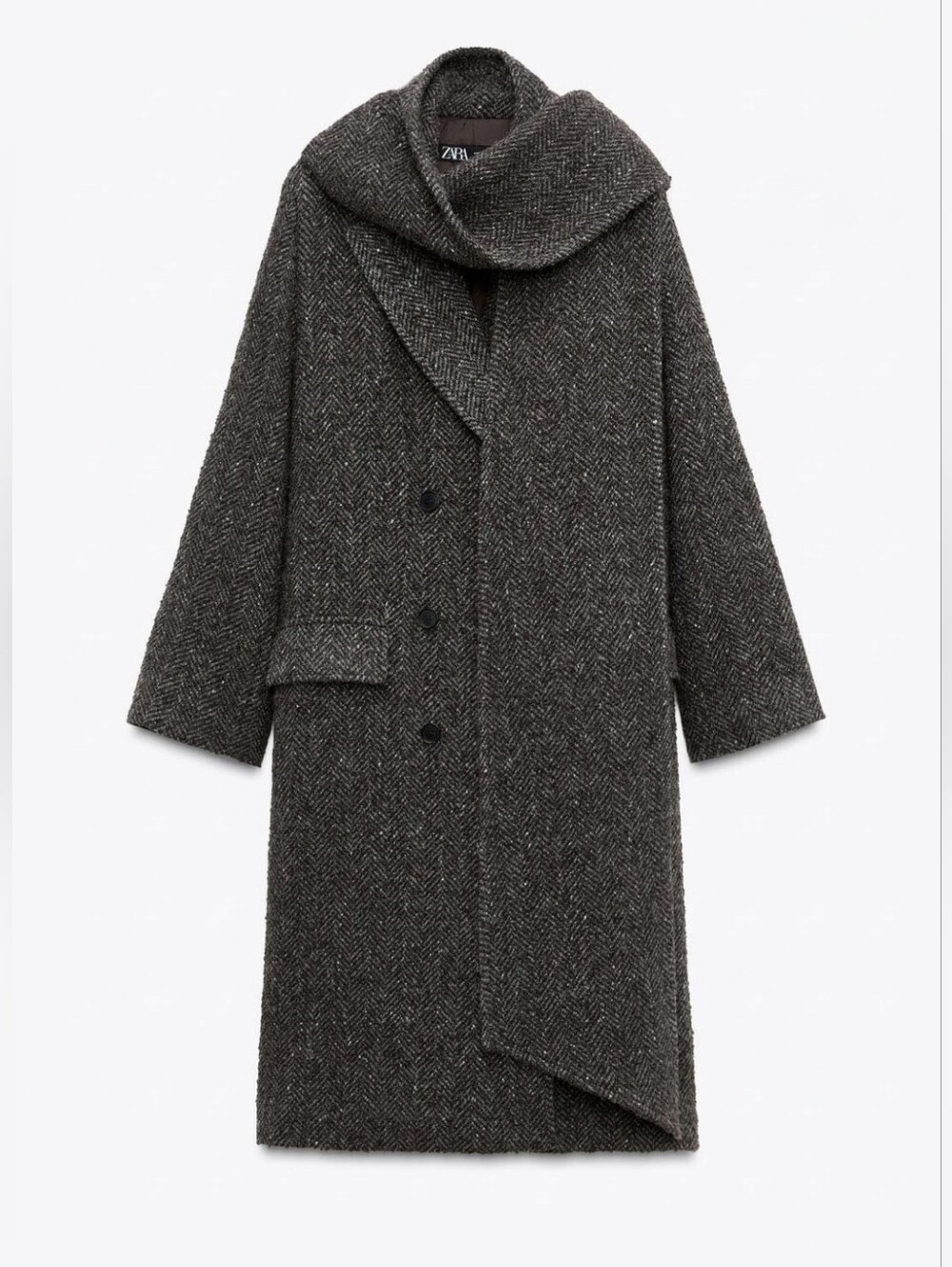 ZARA Charcoal Herringbone Long Coat with Scarf